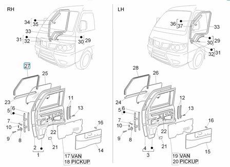 Side window gasket - upper part  Daihatsu / Porter - Right