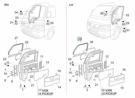 Side window gasket - upper part Daihatsu / Porter - Left