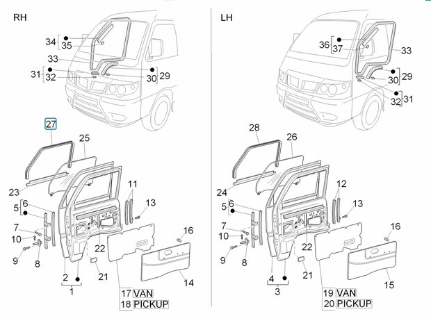 Side window gasket - upper part  Daihatsu / Porter - Right